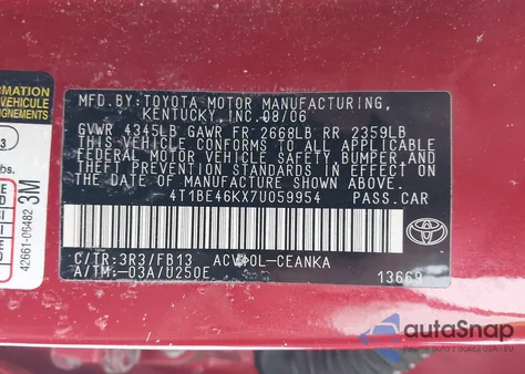 2007 Toyota Camry Le z USA, uszkodzony, nr VIN 4T1BE46KX7U059954